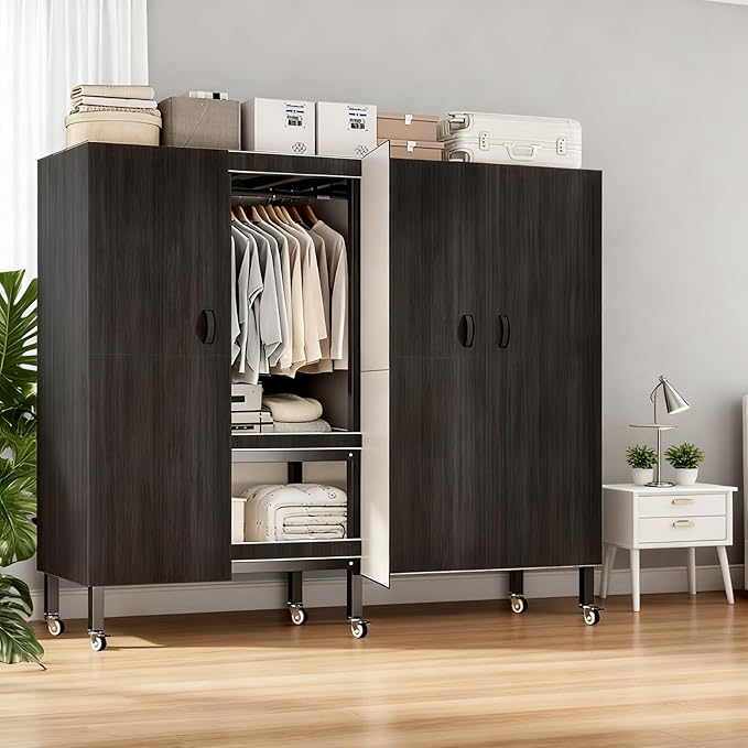 Heavy Duty Portable Closet with Cover Magnetic Doors, Metal Rolling Clothes Rack Heavy Duty 1500LBS, Foldable Clothing Rack, Garment Racks for Bedroom/ LivingRoom/ Rental (KT Woodgrain Black, 66.14in)