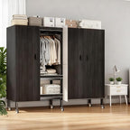 Heavy Duty Portable Closet with Cover Magnetic Doors, Metal Rolling Clothes Rack Heavy Duty 1500LBS, Foldable Clothing Rack, Garment Racks for Bedroom/ LivingRoom/ Rental (KT Woodgrain Black, 66.14in)
