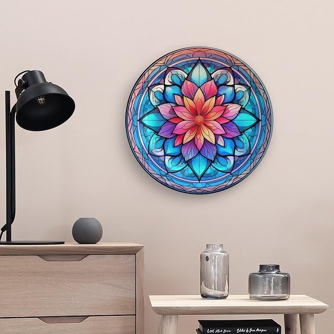 Decorative Plates for Wall Hanging, Mandala Flower Glass Painting Ceramic Plate w/Display Stand, Home Decor for Kitchen Cabinets, Farmhouse Round Tray 10 Inch, Gift for Family Friends