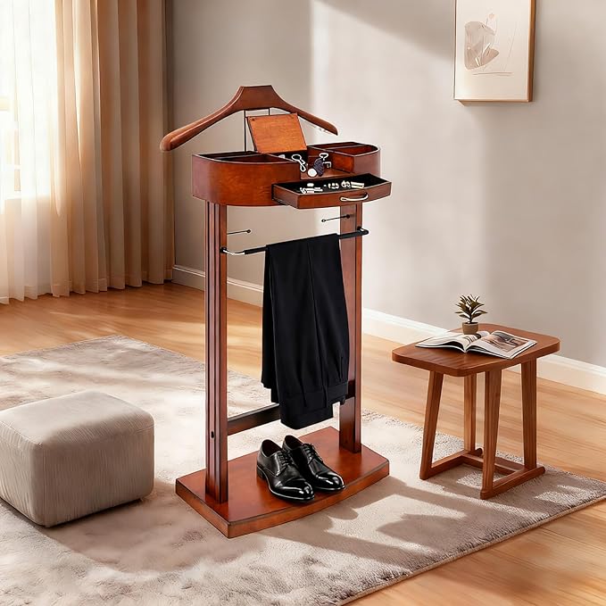 Wood Suit Valet Stand, Clothes Valet Stand, Clothing Rack Organizer, Jacket Hanger, Flip-top Compartment with Hole, Garment Valet for Bedroom Entryway Home Living Room Office