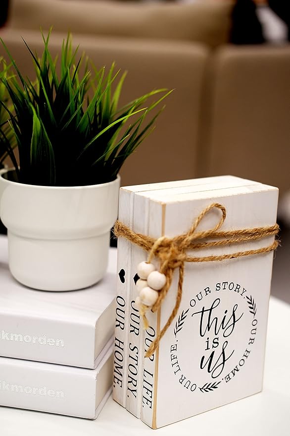 LIVDUCOT Wood Decorative Books Stack Rustic Home Decor Stack White Wooden Books for Modern Home Decor,Shelf,Mantle or Tray This is Us Our Life Our Story Our Home 7X 5.5X 2.5'