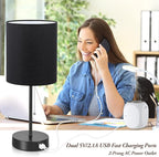 Table Lamps Set of 2 with USB Charging Ports, Black Bedside Lamps with AC Outlet, Nightstand Lamps with Pull Chain Switch, Minimalist Modern Desk Lamps with Fabric Shade for Living Room Bedroom Office