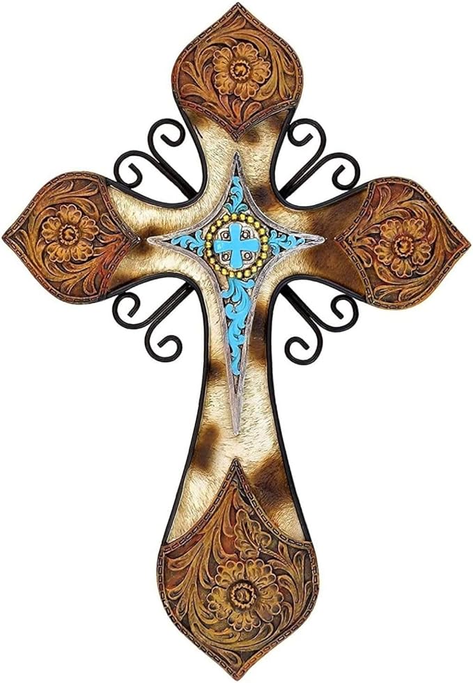 AMAJY Rustic Western Style Cowhide Faux Tooled Leather Wall Cross with Turqoise Center Piece and Floral Embossed Design Spiritual Wall art Southwest Decor