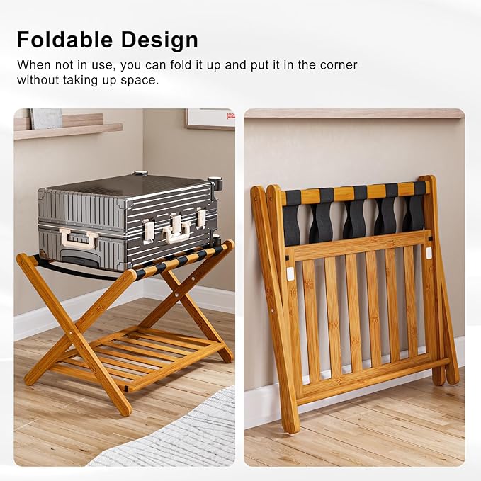 Smuxee Fully Assembled Honey Luggage Rack, Upgraded Bamboo Foldable Suitcase Stand with 5 Nylon Straps, Luggage Holder with Shelf for Guest Room Bedroom Hotel