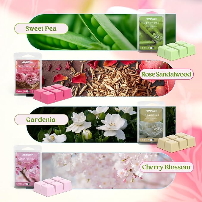 ARVIDSSON Spring Scented Wax Melts, Natural Soy Wax Cubes for Wax Warmer, Strong Scent Fragrance Wax Tarts, Candle Melts Gift Set - After Rain, Fresh Cut Grass, Ocean Breeze, Gardenia and More