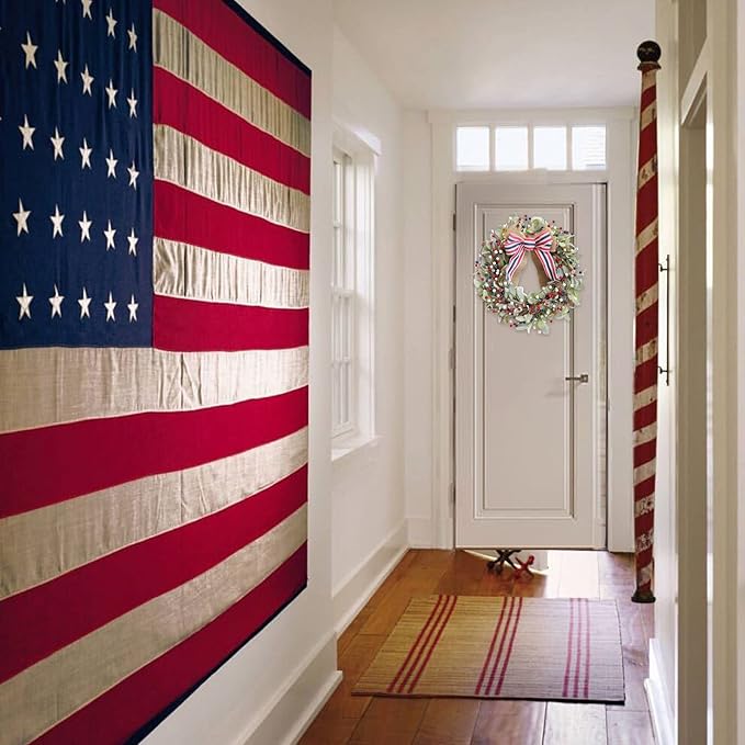 TEMPUS 20" Patriotic Wreath for Front Door - 4th of July Independence Day Decor with Red White Blue Berries & Lamb's Leaves - Memorial Day Labor Day Home Decoration