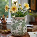 Vintage Green and White Ceramic Floral Vase Planter, Rustic Crackle Glaze Pottery Jar, Hand-Painted Floral Pot Design for Flowers or Plants, Farmhouse & Cottage Home Decor Accent