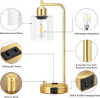 Innqoo Industrial Table Lamp for Bedroom Set of 2 - Fully Dimmable Bedside Lamps with USB Ports and Outlet, Gold Nightstand Lamps with Clear Glass Shade for Living Room, Desk Lamps for Office Reading