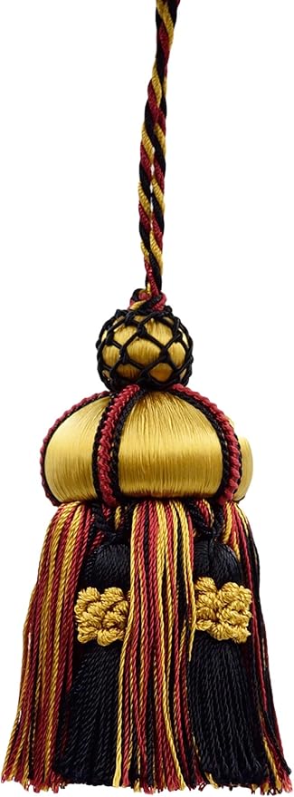 Elegant Hand-Crafted 4" (10cm) Key Tassel, 3 1/2" (8.5cm) Loop, Accented with Crown Tassels (KTAX4) Golden Raven Black Multicolor #LX10 (Pure Black, Yellow Gold, Cherry Red) Individually Sold