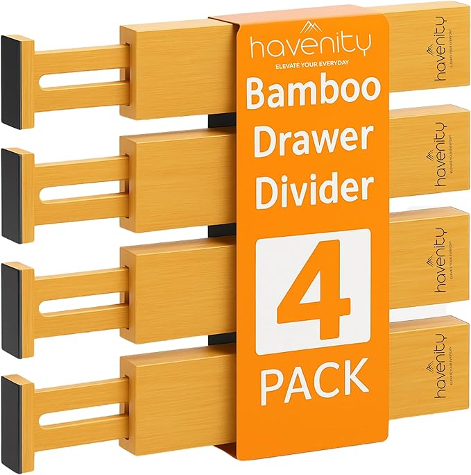 4 Pcs Bamboo Kitchen Drawer Dividers Large 14"-19", Spring Loaded, Works in Kitchen, Adjustable Drawer Organizers, Dresser, Bathroom, Bedroom, Drawer Desk, Office