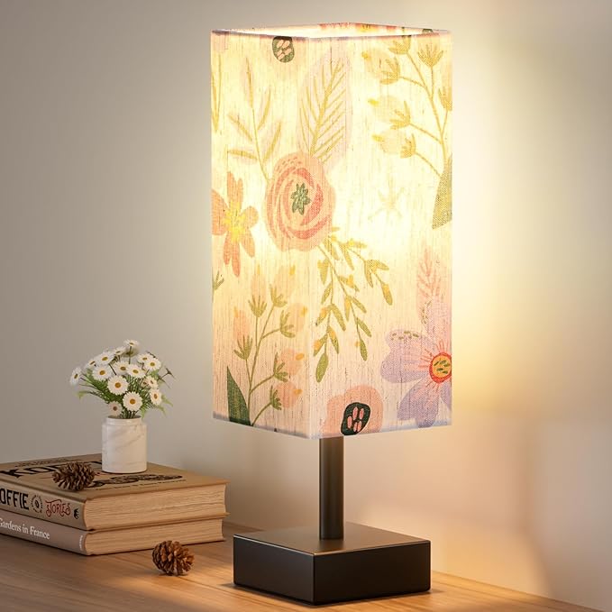 aooshine Flower Table Lamp for Bedroom - Bedside Lamp for Nightstand, Minimalist Night Stand Light Lamp with Square Fabric Shade, Desk Reading Lamps for Kids Room Living Room Office Dorm