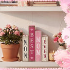 Lineshading 4 Pcs Mothers Day Table Decoration Wooden Book Pink White Tiered Tray Decor Happy Mother's Centerpieces Mom Gifts from Daughter Son for Home Shelf Indoor Party Decoration