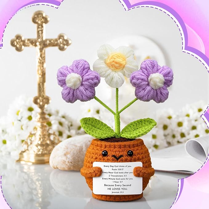 Wavwavw Christian Gift for Women Positive Handmade Crochet Doll with Bible Verse Prayer Card Inspirational Scripture Religious Crochet for Christmas Sunday Group Church(Purple Puff Flower)