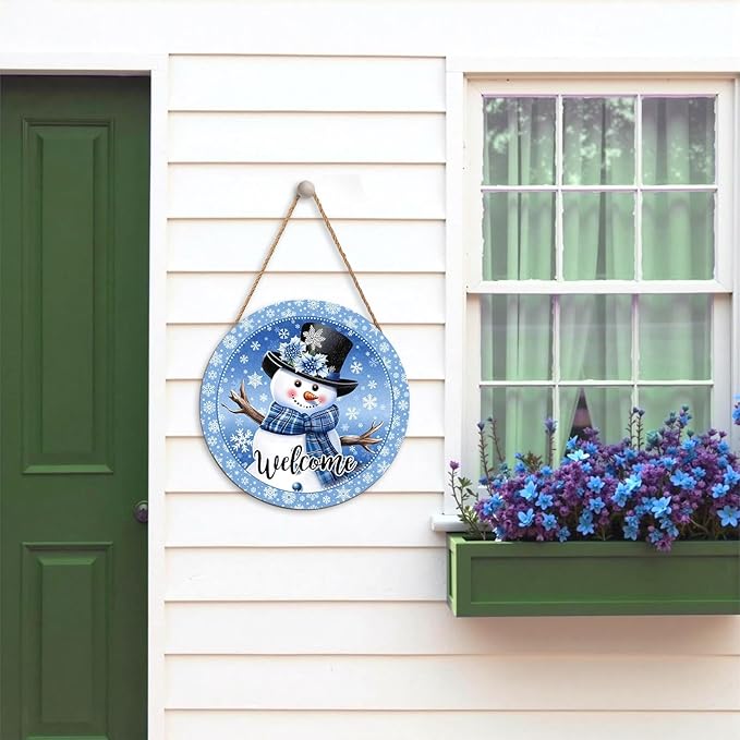 Welcome Winter Snowman Blue Sign for Front Door Christmas Snowflake Wood Door Hanger 12"x12" Holiday Welcome Decorations Rustic Wreath Wall Hanging Decorative for Home Wall Porch Yard Garden