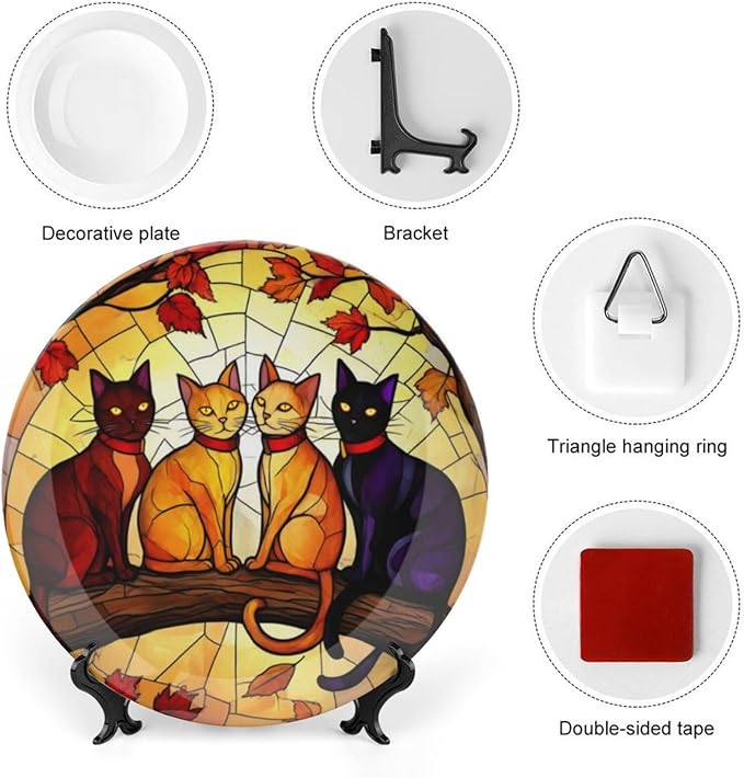 Cat theme Decorative Ceramic Plate Round Porcelain Plate,8 inch,Autumn Stained Glass pattern,for Decorative Ornaments Giving Plates,1 Plate with 1 Display Stand,Orange red