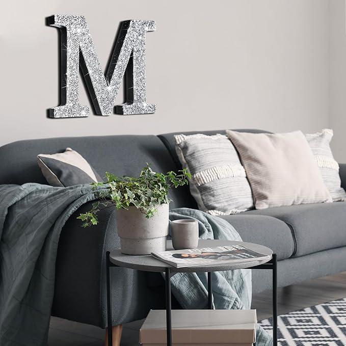 Qunclay 12'' Silver Crystal Diamond Bling Letters Crushed Diamond Decoration Wooden Glitter Letter with Screw and Hooks Rhinestone Gift for Wedding Y2k Mcbling Bedroom Wall Decor (Letter M)