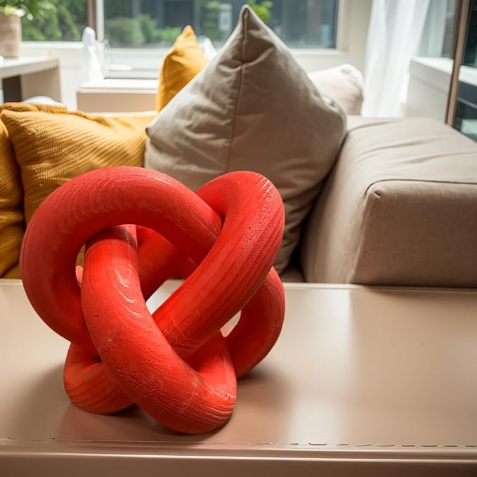 Wood Knot Chain Link Decor - 3 Link Boho Wooden Hand Carved Decorative Wooden Links Knots for Coffee Table Entryway Modern Farmhouse Shelf Decoration (Red)