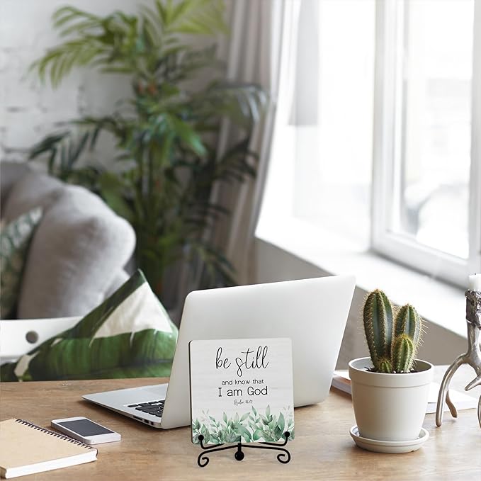 Inspirational Christian Desk Decor, Be Still And Know That I Am God Eucalyptus Sign, Desk Decorations For Office Home Living Room Bathroom, Eucalyptus Shelf Decor, Wooden Plaque With Stand (09)