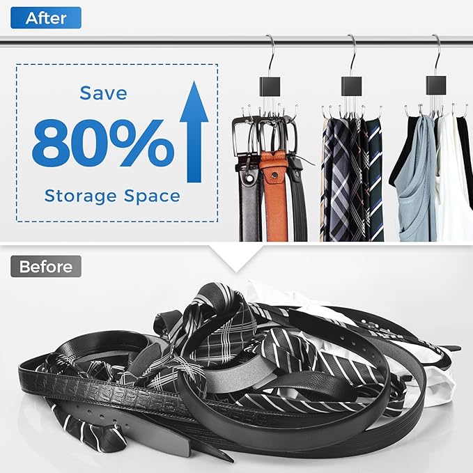 Belt Hanger, Belt Organizer for Closet 360° Rotatable Max 24 Belt Storage Space Saving Closet Organizers and Storage for Belt, Bra, Tank Top, Tie, Scarf, Purse 3Pcs