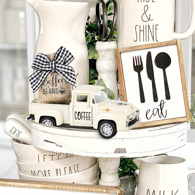 Coffee Decor for Coffee Bar Metal Truck with Coffee Beans Burlap Sack Vintage Pickup Mini Diecast Truck for Farmhouse Coffee Station Home Coffee Bar Tabletop Decorations
