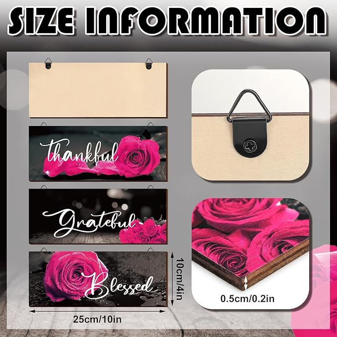 Hillban 3 Pieces Rose Wooden Wall Decor Rose Bathroom Decor Thankful Grateful Blessed Accessories Inspirational Wall Art Signs for Living Room Kitchen Wedding(10 x 4 Inch,Dark Pink)