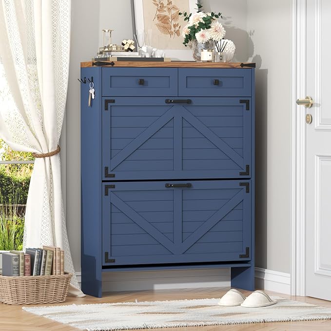 Shoe Cabinet with 2 Flip Drawers and Deodorizing Function, Hidden Shoe Storage Cabinet with 2 Pull-out Drawers, Farmhouse Shoe Organizer for Entryway, Narrow Shoe Rack for Front Door Entrance, Blue