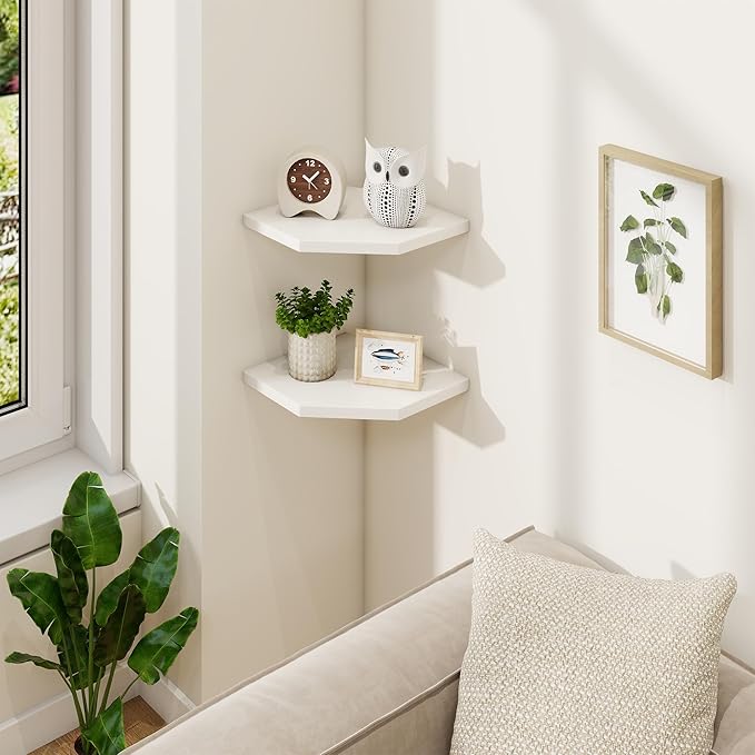 Fun Memories Corner Shelf Wall Mount Set of 2 - Solid Oak Wood Floating Corner Shelf with Cable Hole, 8.5in Rustic Design for Bedroom, Living Room, Kitchen (White)