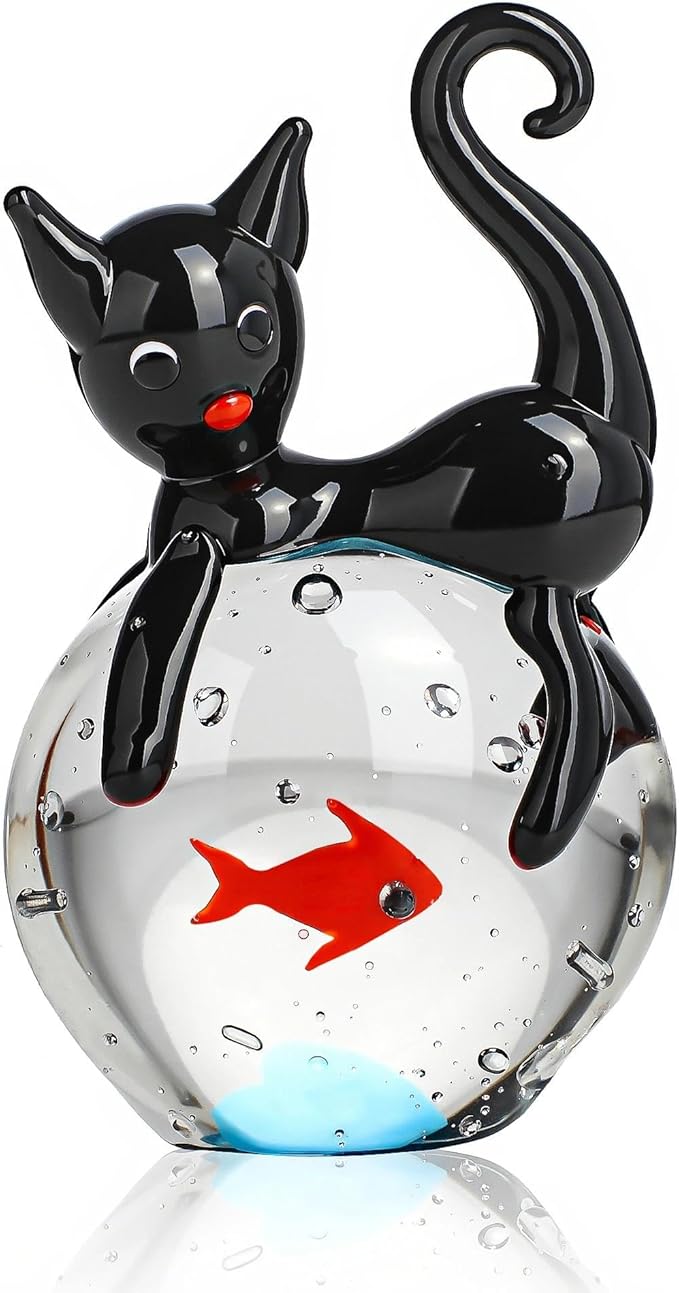 QFkris Blown Glass Black Cat Figurine, 1.6“ Mini Glass Animals Sculpture, Cat and Fish Art Collectible Figurines for Home Decor, Gift for Mom Cat-Lover Birthday