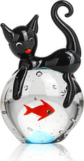 QFkris Blown Glass Black Cat Figurine, 1.6“ Mini Glass Animals Sculpture, Cat and Fish Art Collectible Figurines for Home Decor, Gift for Mom Cat-Lover Birthday