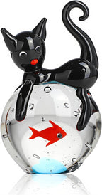 QFkris Blown Glass Black Cat Figurine, 1.6“ Mini Glass Animals Sculpture, Cat and Fish Art Collectible Figurines for Home Decor, Gift for Mom Cat-Lover Birthday