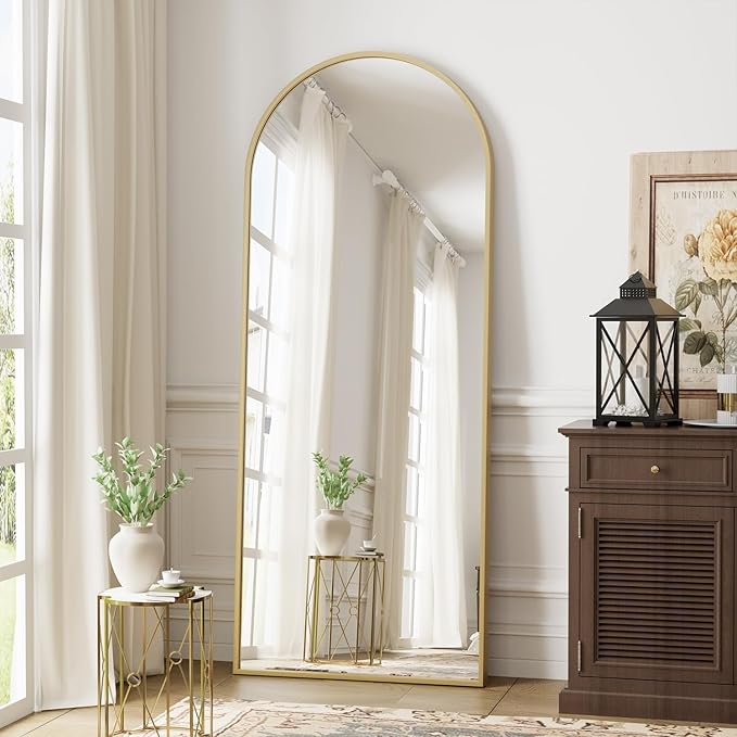 Dewfig Arched Gold Full Length Mirror, 58"X18" Large Floor Mirrors with Stand for Leaning or Hanging, Full Body Mirrors for Living Room,Bedroom, Dressing Room, Aluminum Alloy Frame, Gold