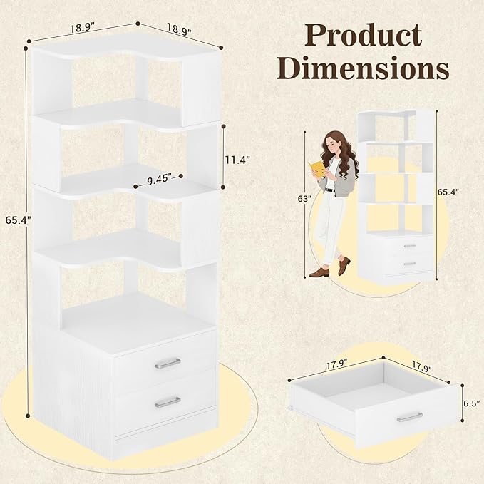 Armocity Corner Bookshelf with Drawers, 7 Tier Corner Book Shelf Display Bookcase, Freestanding L Shaped Bookshelf for Bedroom, Living Room, Home Office, White