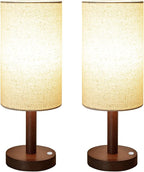 LALISU Small Table Lamp Nightstand Lamp Linen Lampshade Bedroom Wood Base Small Bedside Lamp for Night Stands, Desk Lamps for Reading Living Room, Office (LED Bulb Included) (Walnut Wood Cordless(2))