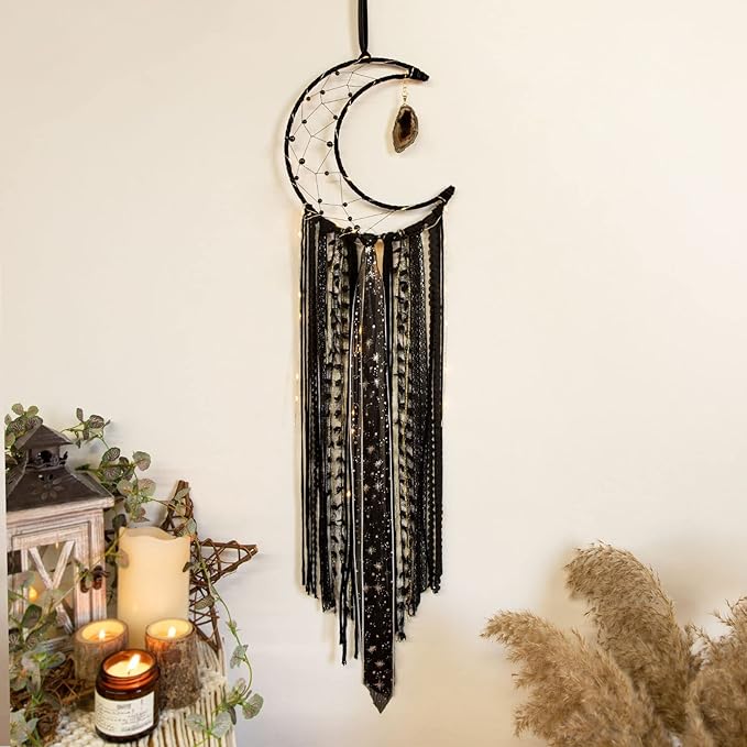 Witchy Crescent Moon Dream Catcher with Purple Agate, Witch Pagan Woven Wall Hanging Dreamcatcher with Light, Gothic Wiccan Hippie Decor with Ornament Decoration Women Gift for Bedroom Christmas