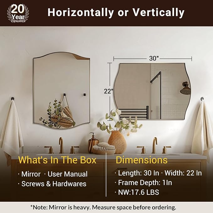 ANDY STAR Gold Bathroom Mirror, 22"x30" Scalloped Wall Mirror in Stainless Steel Metal Frame, Unique Vanity Mirror with Modern Curved Edge Design, Ideal for Bathroom, Bedroom, Entryway