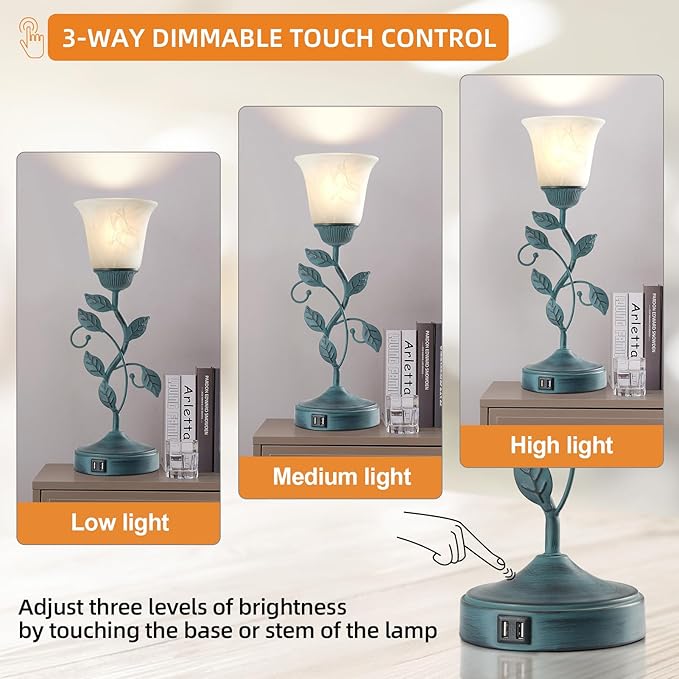 Vintage Touch Table Lamp for Living Room, 3-Way Dimmable Nightstand Lamp with 2 USB Ports, Farmhouse Rustic White Glass Shade Leaf Desk Lamp for Bedroom End Table, LED Bulb Included