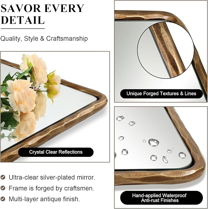 ANDY STAR Hand-Forged Gold Bathroom Mirrors for Wall, 22x30 Inch Vintage Solid Steel Metal Frame Bathroom Vanity Mirror, Antique Rounded Rectangle Wall Mirror, Hangs Horizontally or Vertically