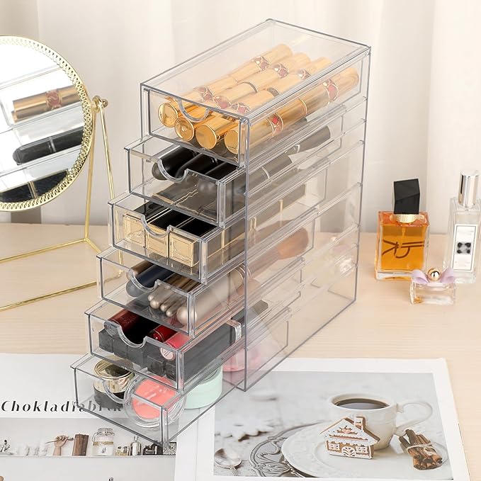 Hipiwe Plastic Drawer Organizer Clear Desktop Drawers Box with 6 Pull Out Drawer Compact Storage Box for Cabinet Vanity Bathroom Bedroom Pantry Shelf Office Closet Organization