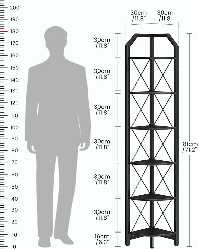 CHOEZON 6-Tier Corner Shelf, Industrial Corner Bookshelf, 71.2" Display Storage Stand, Plant Stand Display Shelf, Tall Bookcase for Bedroom, Living Room, Home Office, Black TCJ11BB