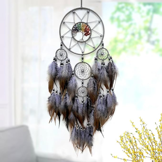 Grey Large Dream Catcher Wall Decor Crystal Tree of Life Dream Catchers Handmade Feather Dreamcatcher Wall Hanging Ornament for Bedroom Living Room Home Decor