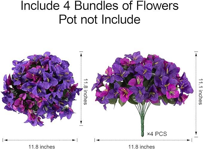 Bougainvillea Artificial Flowers Faux Plants for Outdoors Spring Porch Decor, 4 Bundles UV Resistant Outdoor Fake Bougainvillea Realistic Silk Outside Flowers for Patio Window Planters Garden Home