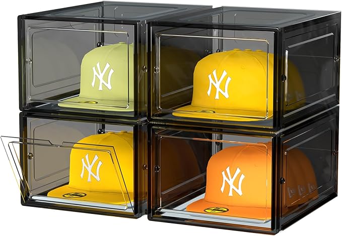 Hat Organizer Box, Stackable Clear Baseball Caps Holder Box Containers with Magnetic Door for Hats Snapback Cap Storag, Hat Rack Display Case, Holds 8 Hats Each (Black, 4 Pack)