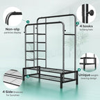 Clothes Rack, Double Rods Clothing Rack with 2 Bottom Shelves & 4 Side Shelves, Metal Garment Rack for Hanging Clothes, Heavy Duty Clothes Rack for Bedroom, Laundry, Living Room, Black