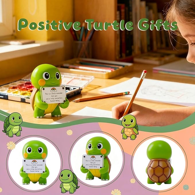 Positive Turtle Figurine - 4.3" Tall Hand-Painted Resin Indoor Office Desk Decoration with Cute Motivational Sign, Funny Gift for Women Friends Bestie BFF Bestfriend Coworkers (Green)