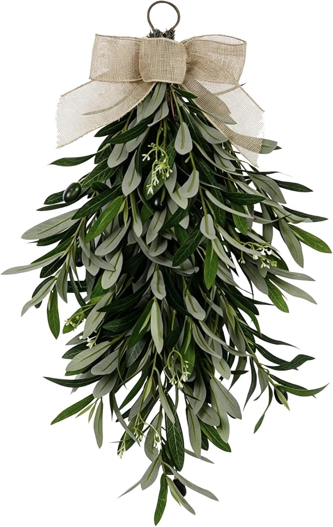 22" Artificial Olive Branch Swag, 1-Pack Realistic Greenery Swag with Olive Fruit/Green Leaves/Artificial Flowers, Seasonal Olive Branch Wreath for Front Door, Indoor & Outdoor Decor