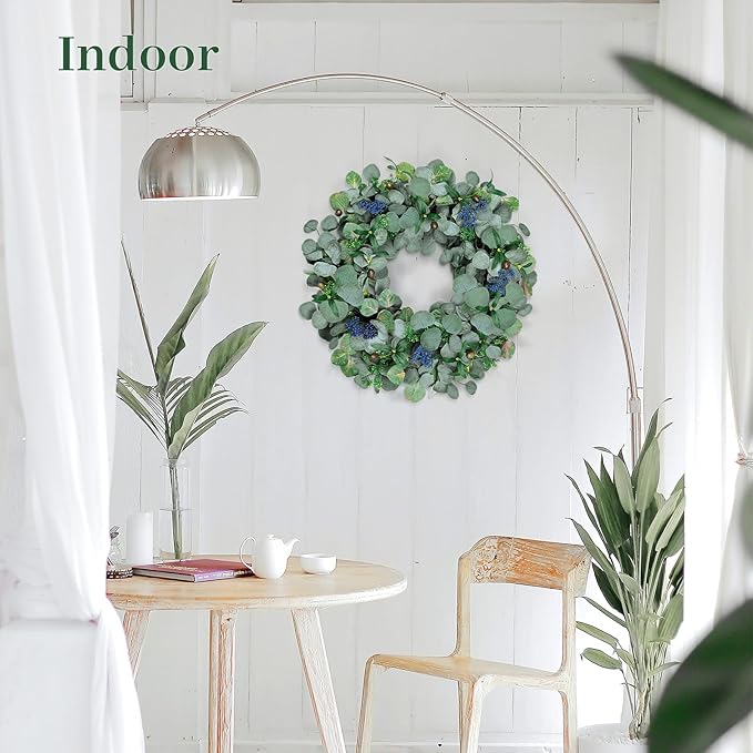 22 Inch Eucalyptus Wreath with Olive Leaves and Berries All Year Round, Handmade Green Spring Summer Wreaths for Front Door Indoor Outdoor Wedding Holiday
