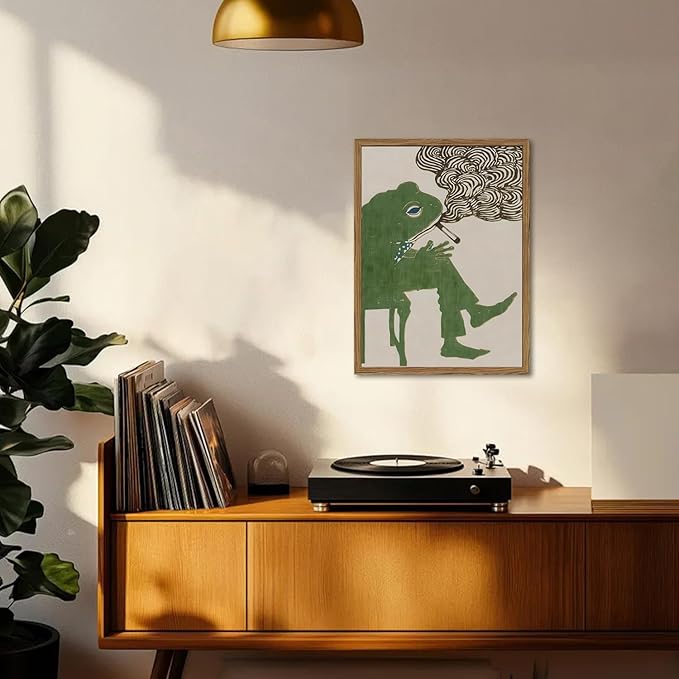 Funny Frog Smoking Wall Art Whimsical Green Frog Wall Decor Painting Cute Animal Bar Cart Poster Canvas Prints for Bedroom Living Room 16x24 inch Wood Framed