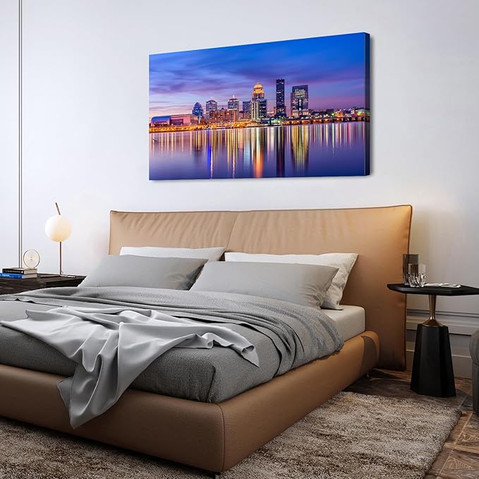 Louisville City Wall Art Sunset Kentucky Decor Colorful Waterfront Park Canvas Prints Pictures Louisville Skyline Painting Cityscape Poster Artwork for Kitchen Living Room Home Decoration 24x48”