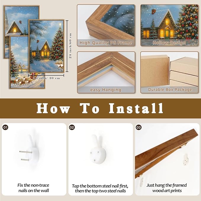 BINCUE Christmas Wall Art Framed Santa Claus Wall Art Decor Santa Winter Wall Painting for Living Room Bedroom Dining Room 16x24 Inches Set of 3