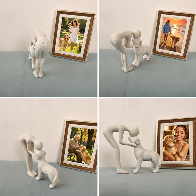 Abstract Resin Hand-Painted Sculpture of Person and Dog Bonding – Head-to-Head Intimate Figurine Decoration for Office、Living Room、Bedroom、Home， Memory Gifts for Pet Lovers (Sandstone)